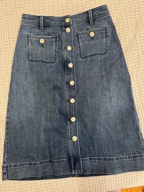 Talbots Button-Front Midi Denim Skirt in Blue